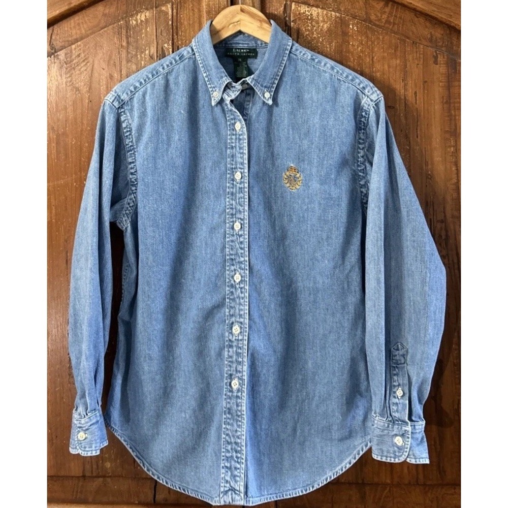 Vintage Lauren Ralph Lauren Button Down L/S Denim Shirt Sz Med Crest Patch LRL